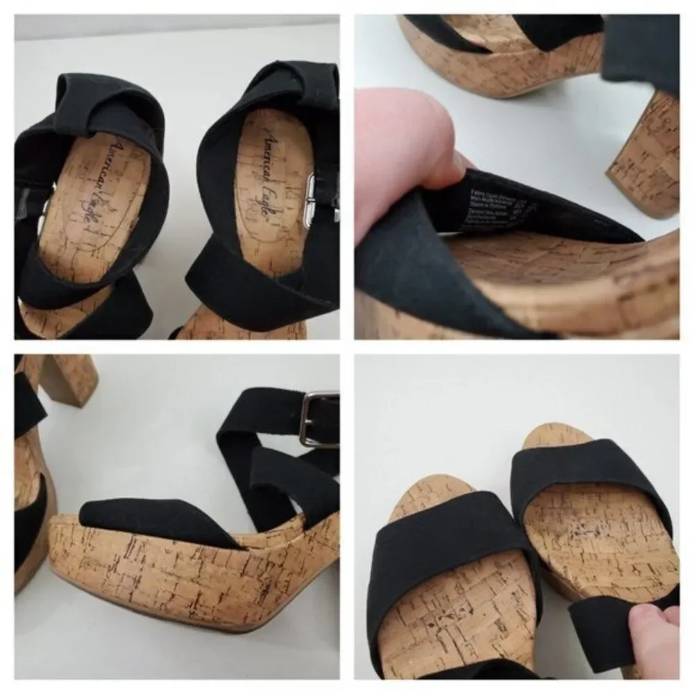 American Eagle Heels 10 Black Faux Cork Vegan Strappy Platform Tan Sandals